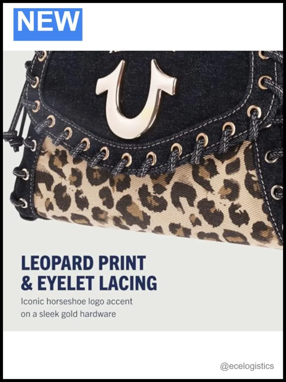 Denim Eyelet Trim Flap Bag with Leopard Panel and Gold Hardware